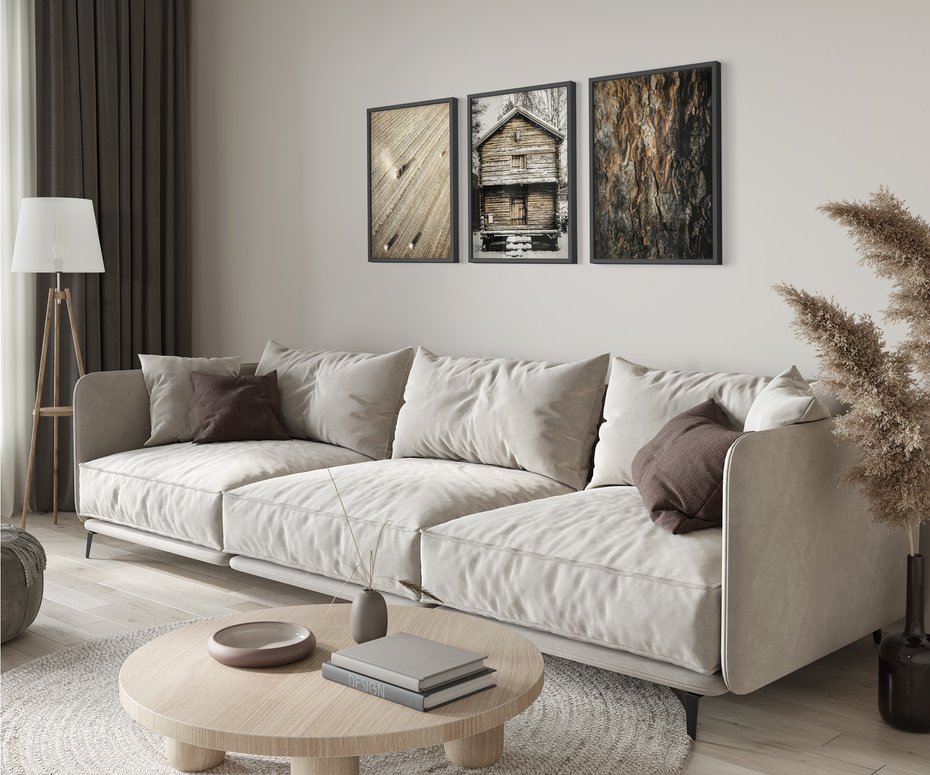 Zestaw obrazy w ramie 30x40 galeria - Górska, chatka, drewno, przytulnie - rama czarna