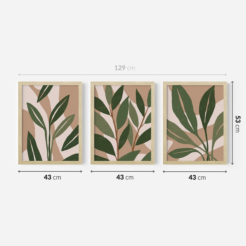 Zestaw obrazy w ramie 40x50 galeria - Liście, graficzne, boho - rama drewno