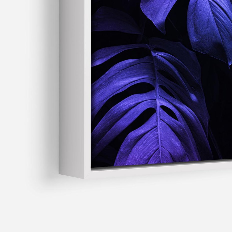 Obraz w ramie 120x80 - Mroczna Magia Dżungli - mroczna grafika, fioletowe liście monstery na czarnym tle - rama biała