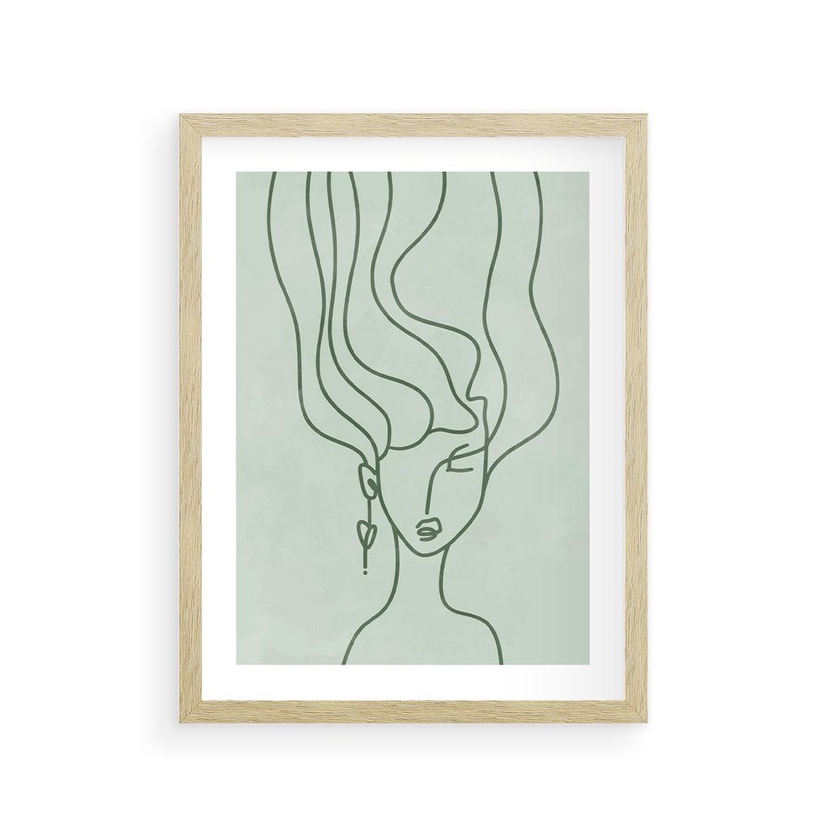 Plakat w ramie 30x40 - Spokojne Objęcia Natury - abstrakcja, zielony szkic - rama drewno