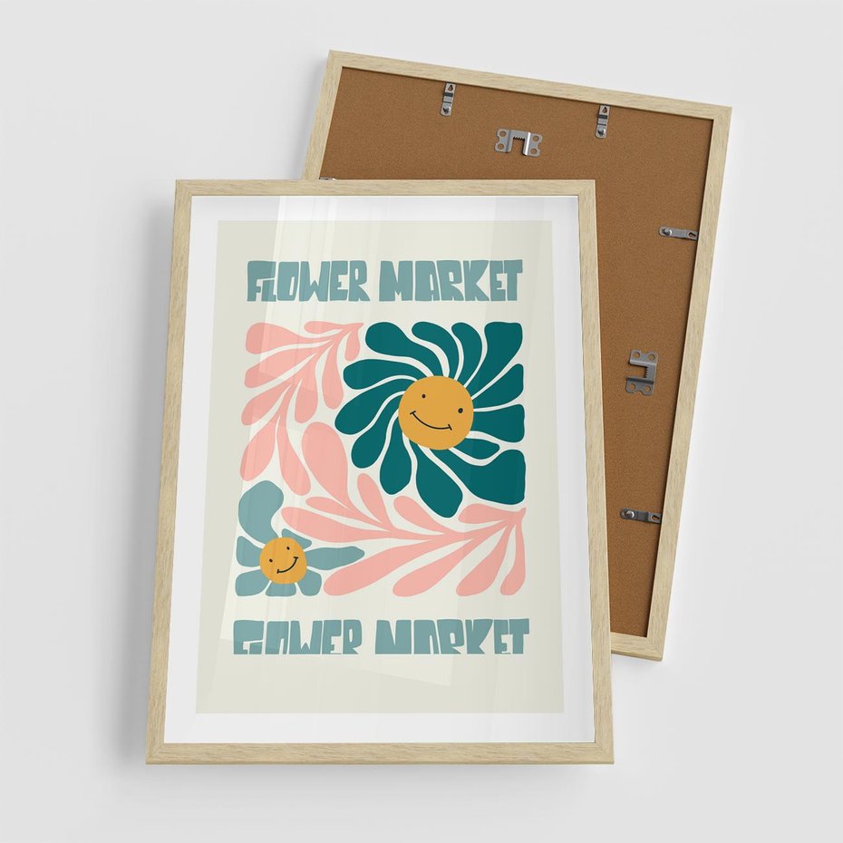 Plakat w ramie 50x70 - Harmonia płatków kwiatów - kwiatowa retro kompozycja, pastelowe kolory - rama drewno