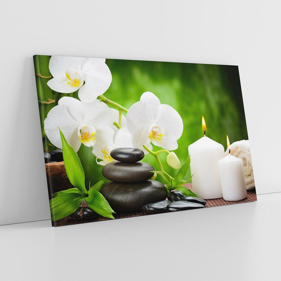 Obraz na płótnie 70x50 - Relaksacyjny SPA: masaż z kamieniami i kwiatami - SPA, masaż