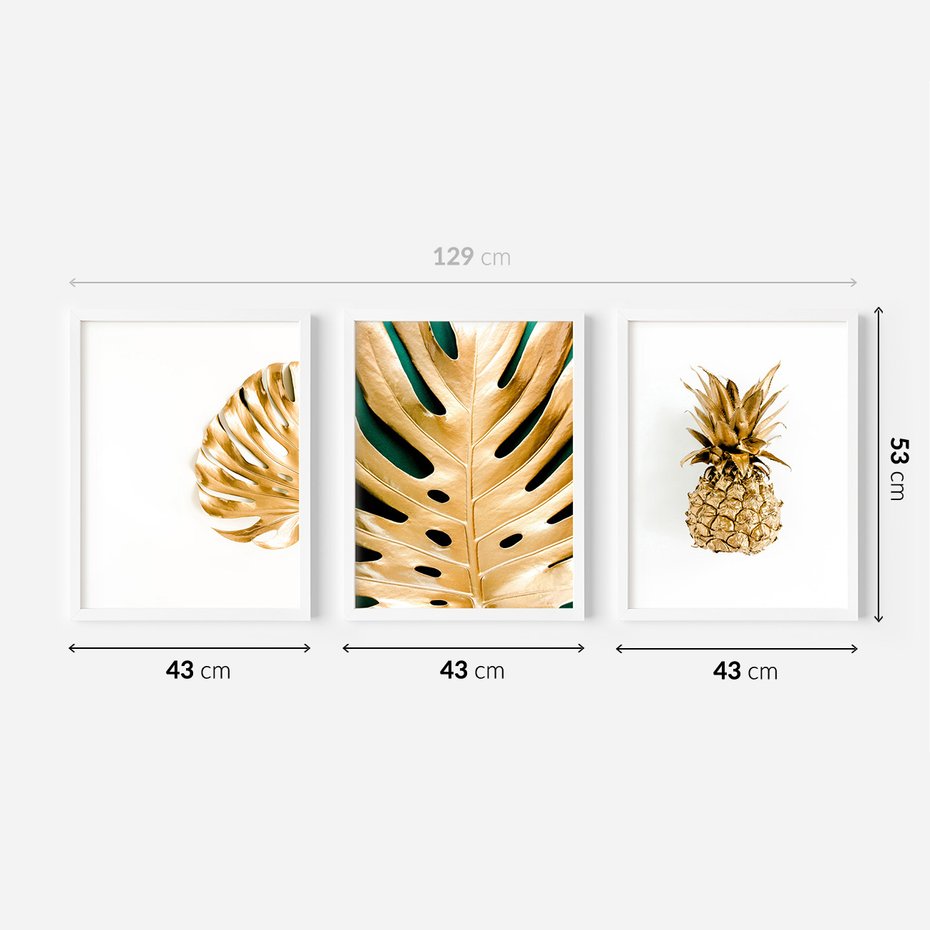 Zestaw obrazy w ramie 40x50 galeria - Złoty, ananas, monstera, gold - rama biała