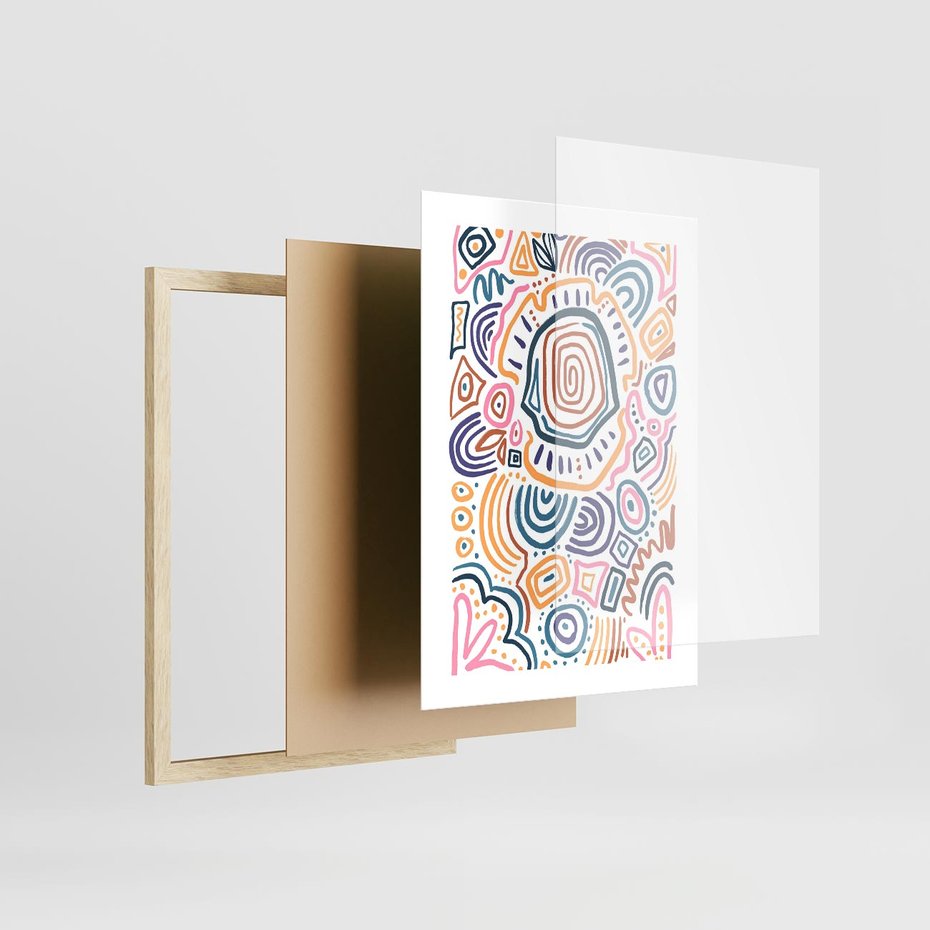 Plakat w ramie 30x40 - Strukturalne Odbicia Boho - kolorowe etniczne wzory, tęczowe żywe kolory - rama drewno