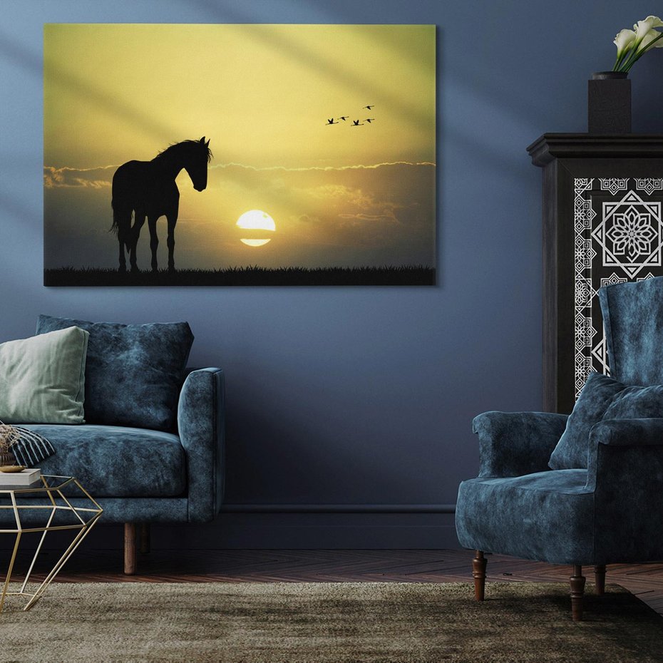 Obraz na płótnie 100x70 - Koń w Zachodnim Świetle - koń, ptaki