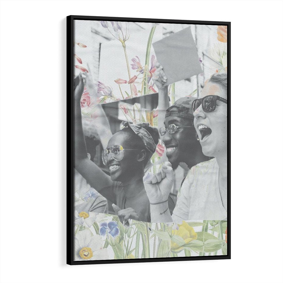 Obraz w ramie 50x70 - Księga zaklętych marzeń - kolaż, czarnobiałe zdjęcie wesołych młodych ludzi - rama czarna