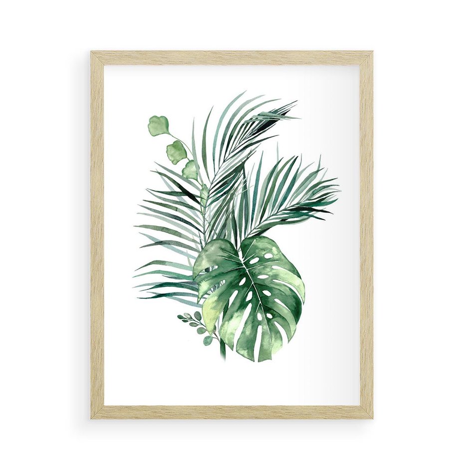 Plakat w ramie 50x70 - Liście i Życie: Akwarelowa Oaza - akwarelowy obrazek, pamy - rama drewno