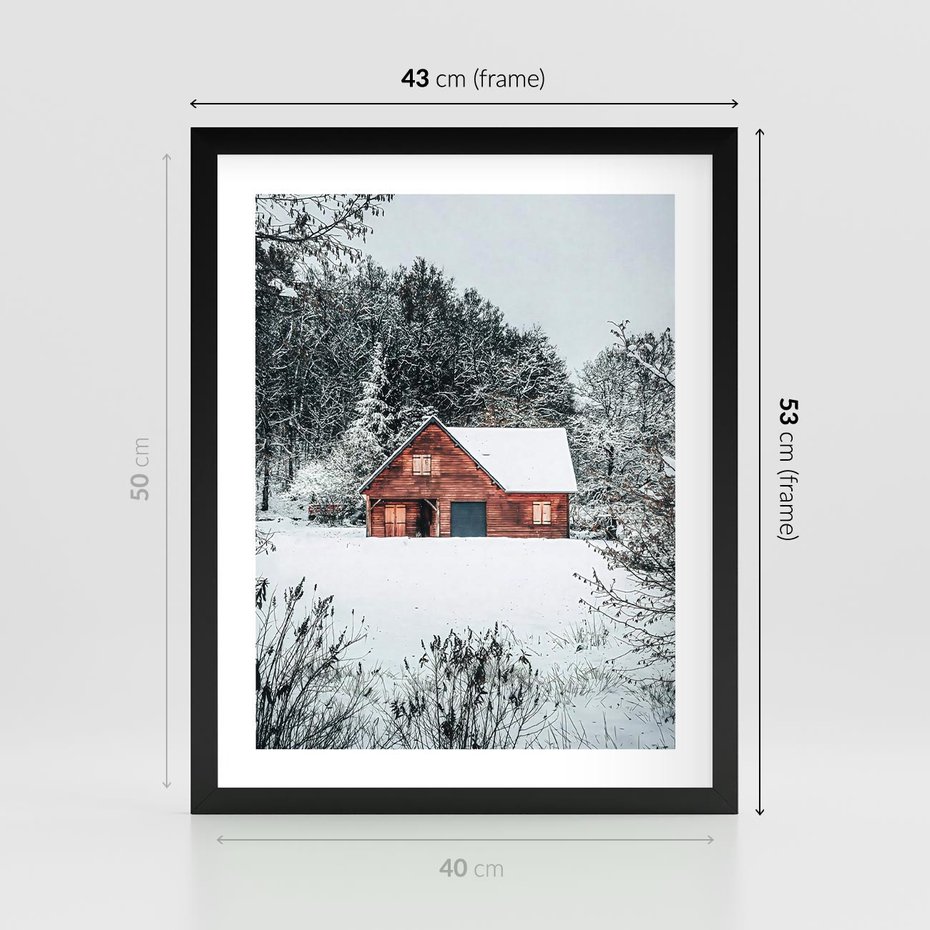 Plakat w ramie 40x50 - Domek w Górach Pokryty Śniegiem - domek w górach, śnieg - rama czarna