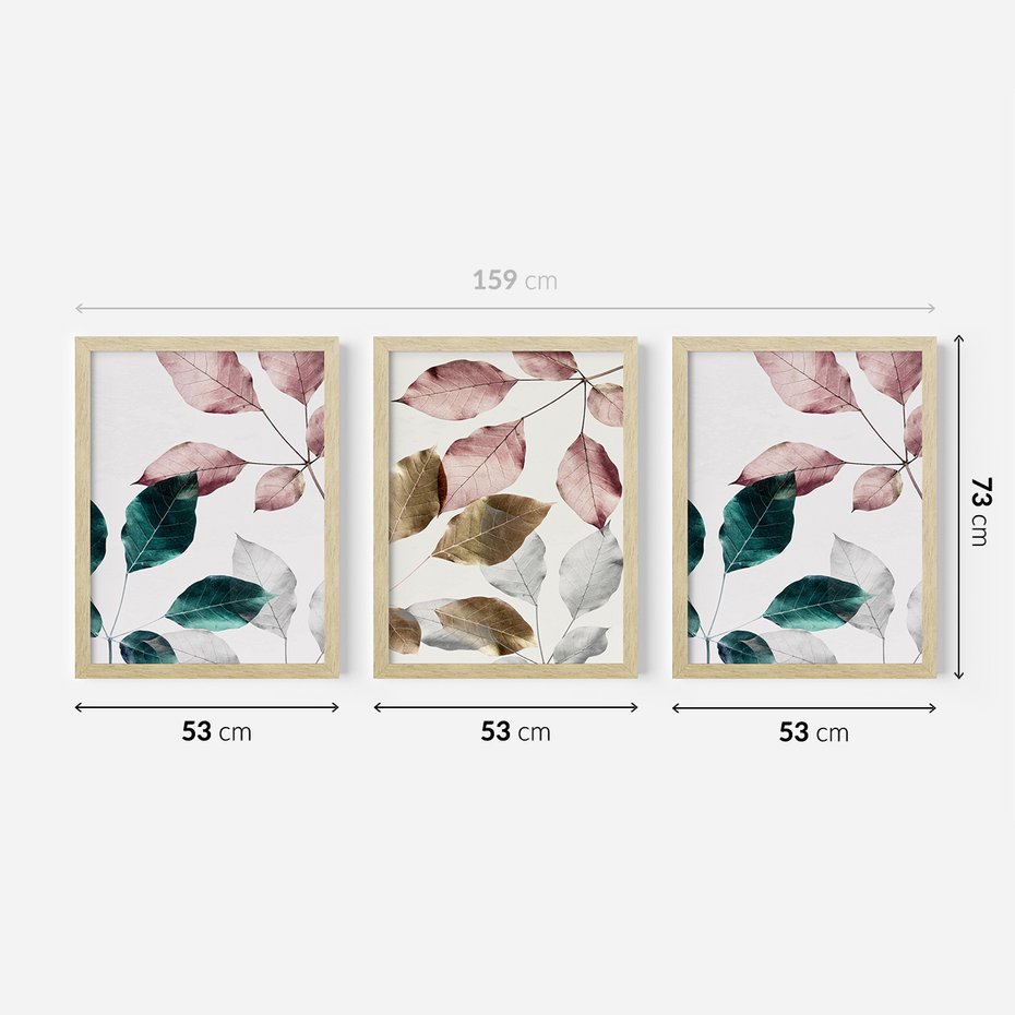Zestaw obrazy w ramie 50x70 galeria - Liście, srebrne, złote, minimalizm - rama drewno