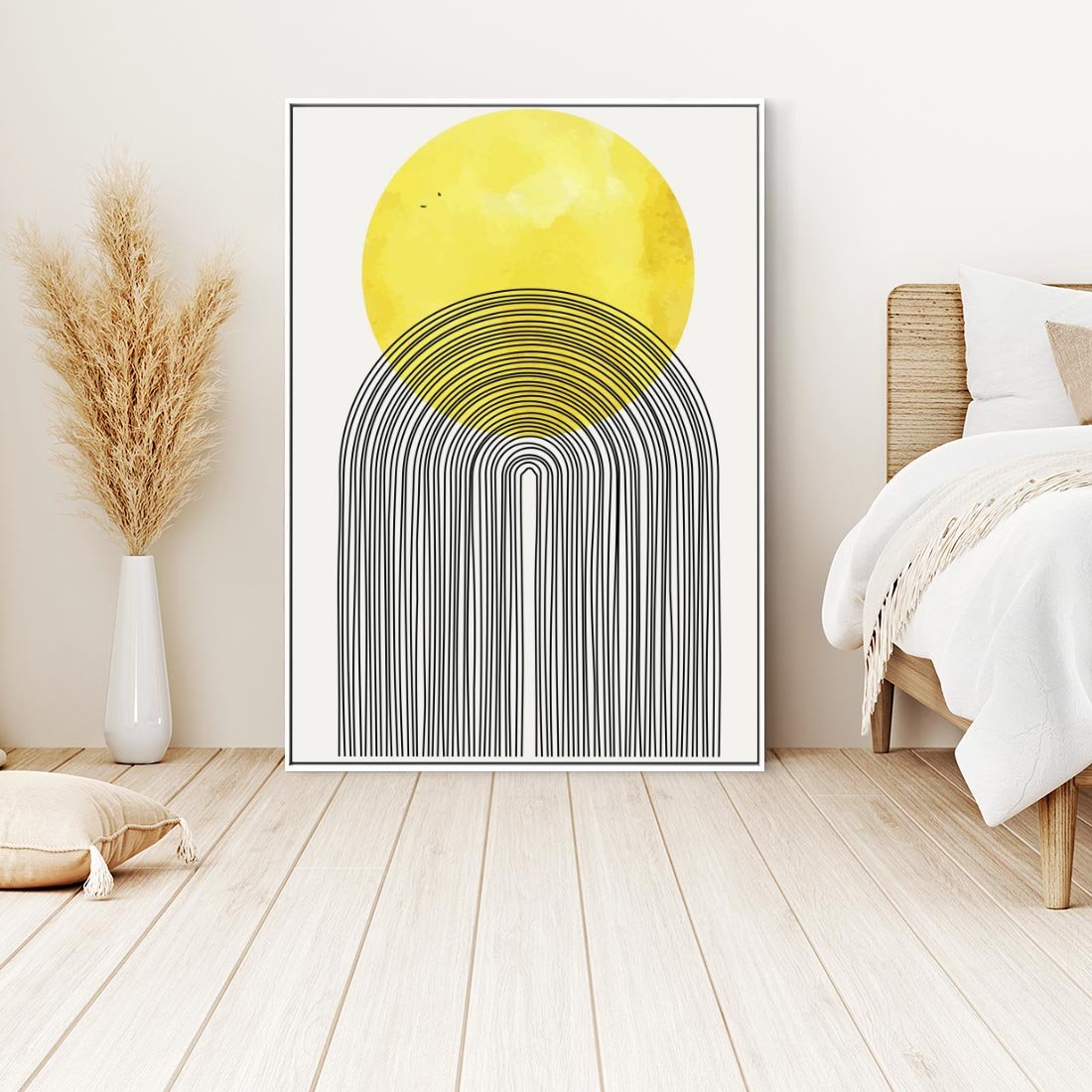 Obraz w ramie 70x100 - Słoneczne Odbicia - geometria, żółte koło - rama biała