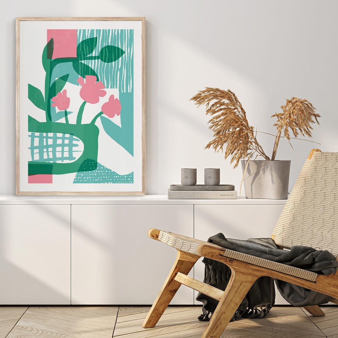 Plakat w ramie 40x50 - Harmonijne Plamy - abstrakcyjne pastelowe kwiaty, nowoczesna sztuka - rama drewno