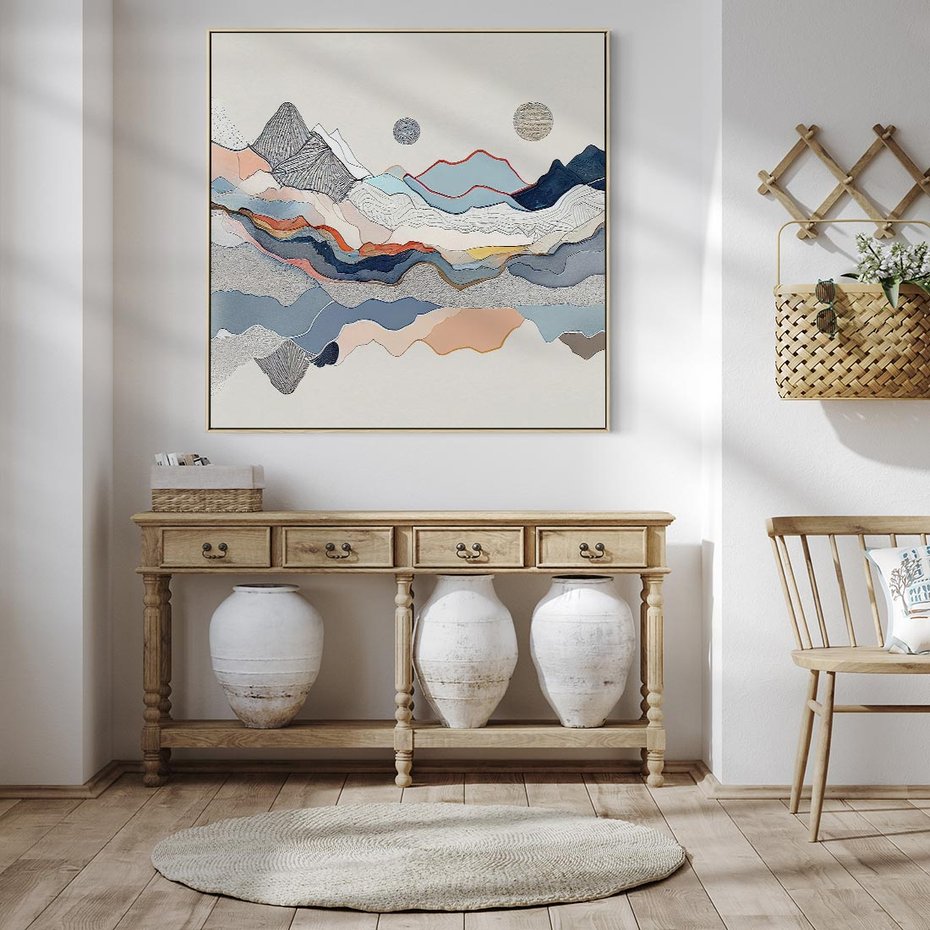 Obraz w ramie 50x50 - Dynamiczne Góry - akwarelowe graficzne góry, krajobraz - rama drewno