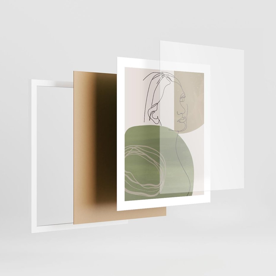 Plakat w ramie 40x50 - Jedna Linia, Wiele Emocji - akwarelowe plamy, na nich szkic postaci kobiety jedną linią - rama biała