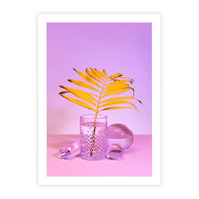 Plakat bez ramy 21x30 - Neonowy Liść Palmy na Fotografii - neonowa fotografia, liść palmy w szklance