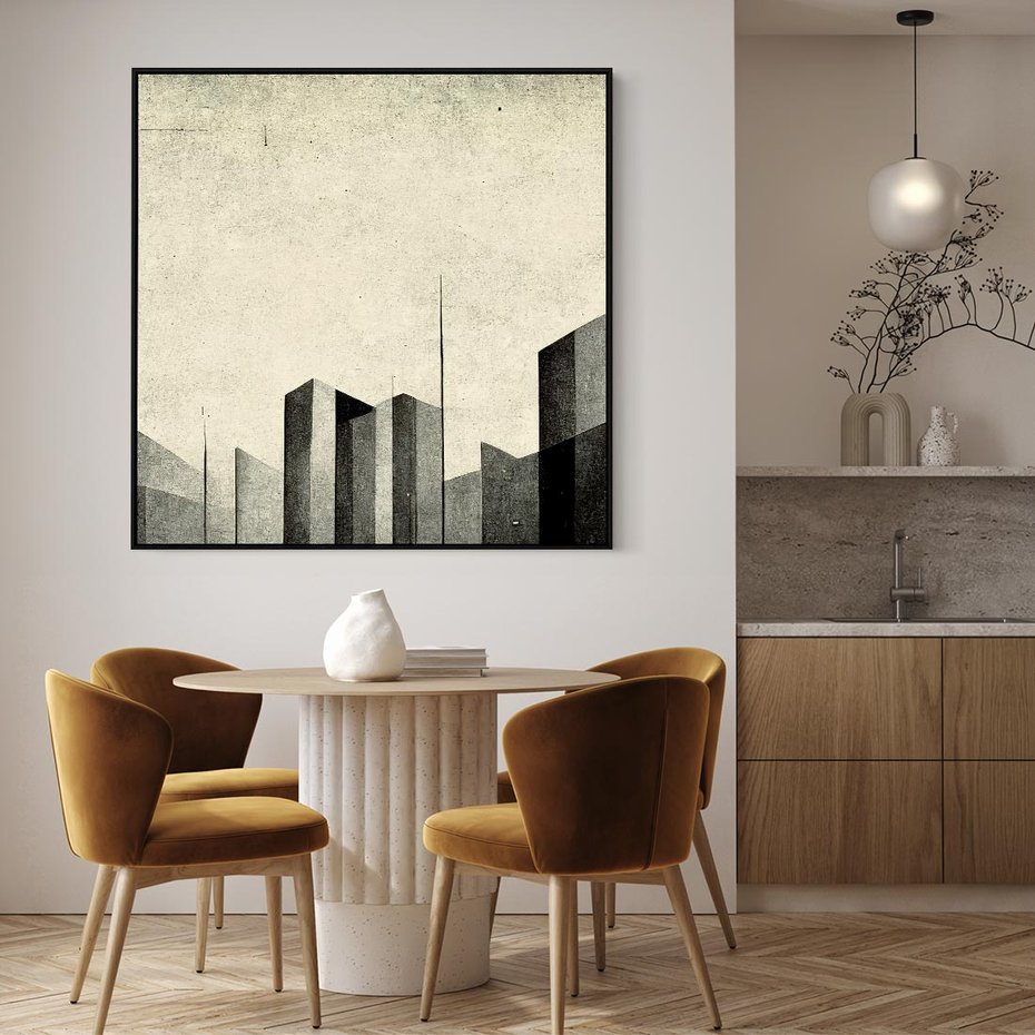 Obraz w ramie 50x50 - Mroczne Wieżowce - postarzana grafika, perspektywa budynków wieżowców - rama czarna