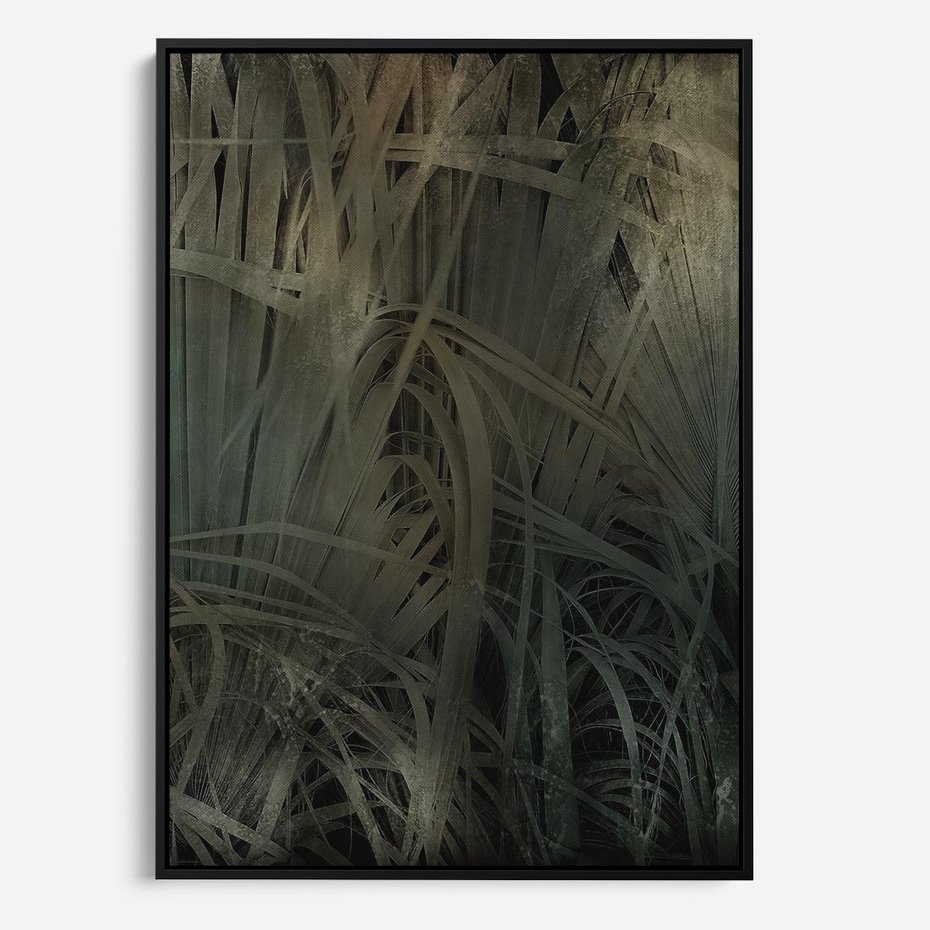 Obraz w ramie 70x100 - Światło w mroku duszy - liście traw, mroczny klimat - rama czarna