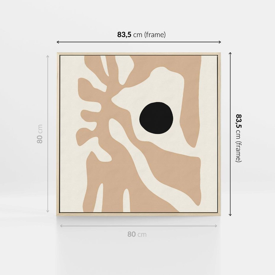 Obraz w ramie 80x80 - Eksploracja Abstrakcji - beżowa absrakcyjna kompozycja, czarny akcent - rama drewno