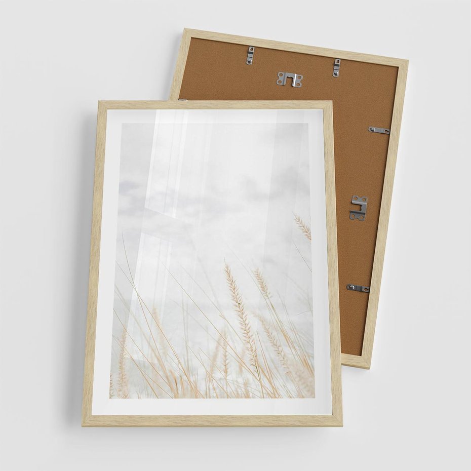Plakat w ramie 50x70 - Jasna Delikatność: Fotografia Suchych Traw - suche trawy, jasna fotografia - rama drewno