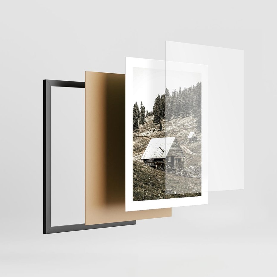 Plakat w ramie 30x40 - Ustronne Chatki w Górach - rustykalne domki w górach, sepia - rama czarna
