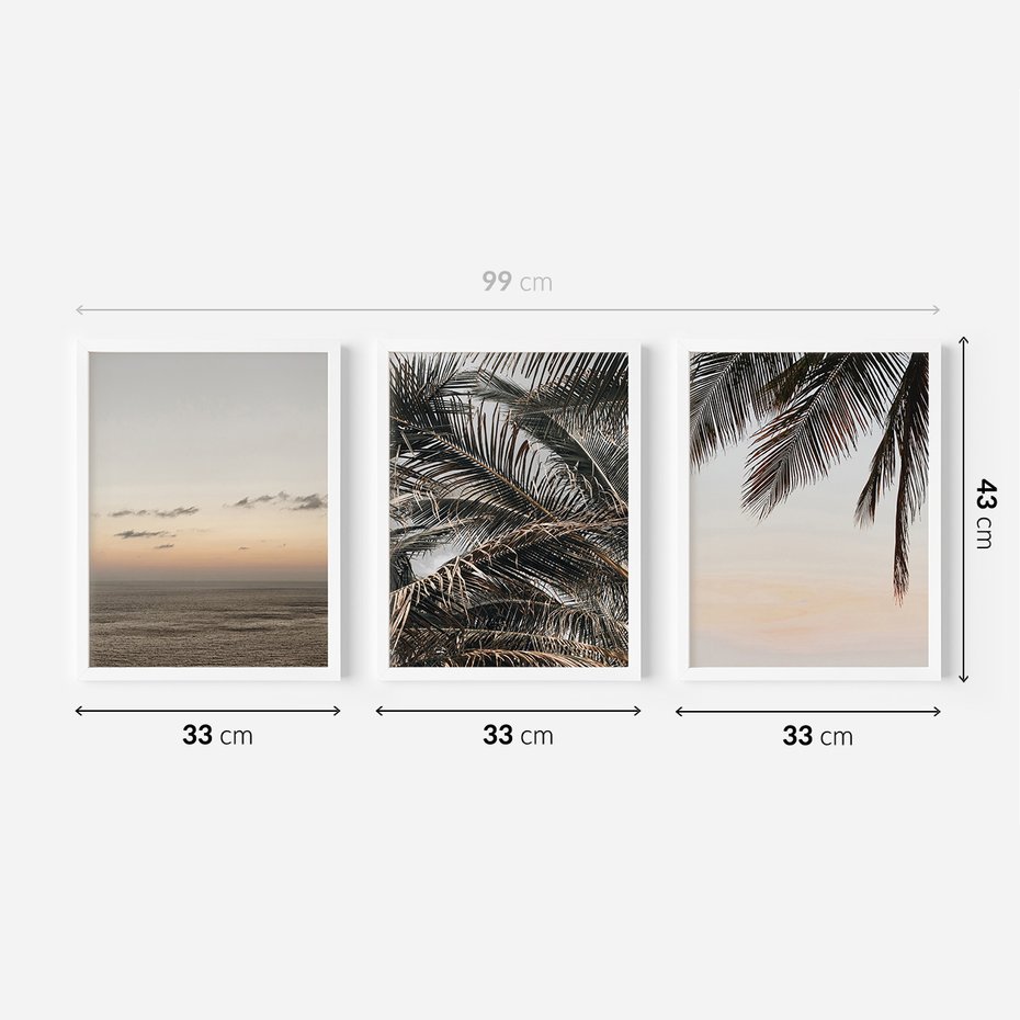 Zestaw obrazy w ramie 30x40 galeria - Palmy, plaża, zachód, słońca - rama biała