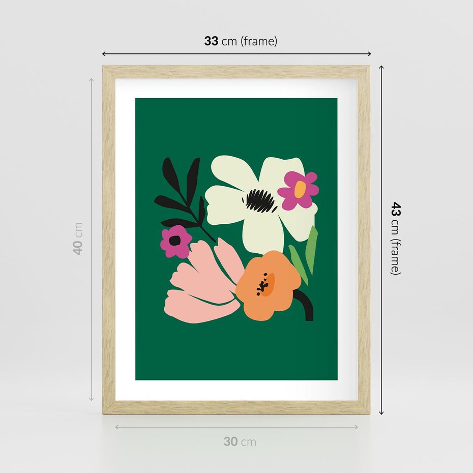 Plakat w ramie 30x40 - Rozbijające Echa - abstrakcyjne kwiaty, zielone tło - rama drewno