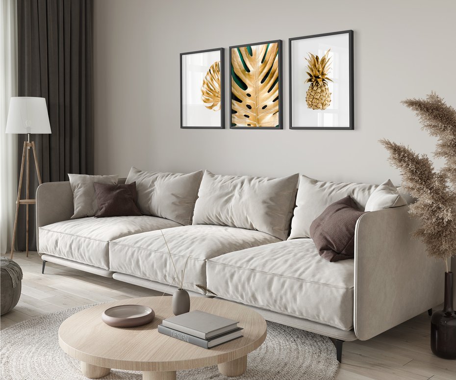 Zestaw obrazy w ramie 50x70 galeria - Złoty, ananas, monstera, gold - rama czarna