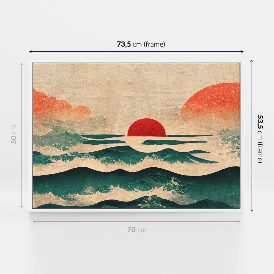 Obraz w ramie 70x50 - Czerwone Melodie - japońska sztuka, zachód słońca nad oceanem - rama biała