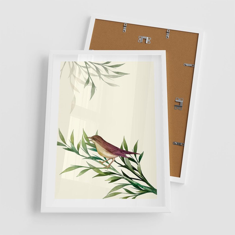 Plakat w ramie 50x70 - Roślinne Nastroje - japońska sztuka, ptak - rama biała