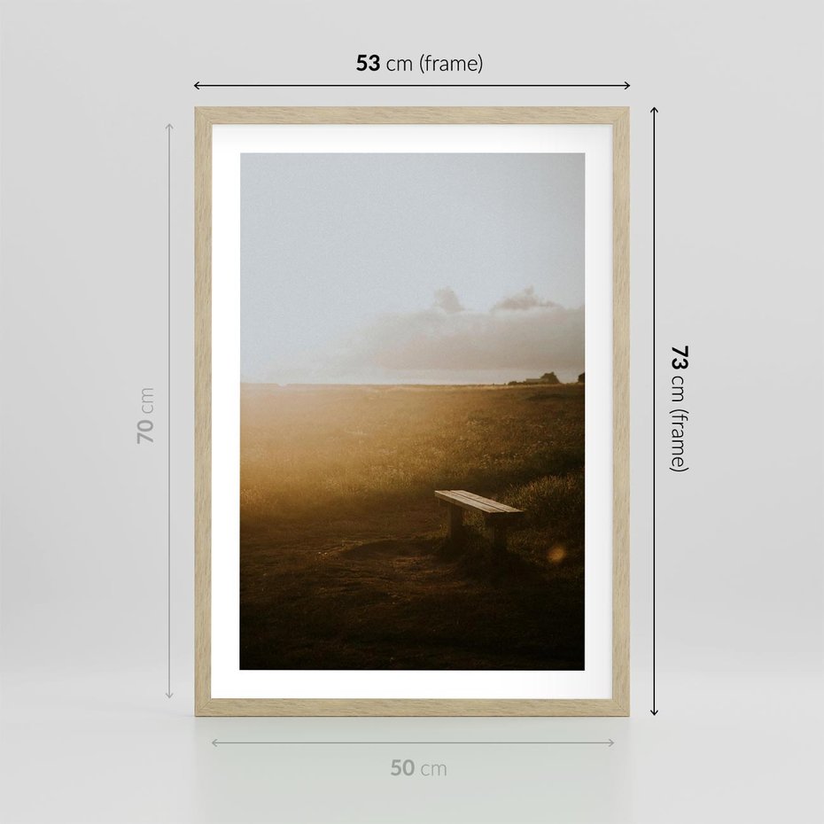 Plakat w ramie 50x70 - Mglisty zachód słońca na ławeczce - mgła, zachód - rama drewno