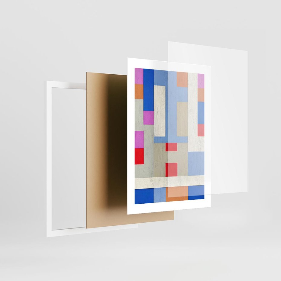 Plakat w ramie 30x40 - Bezczasowe Przenikanie Kształtów - abstrakcyjne geometryczne kształty, olejny obraz - rama biała