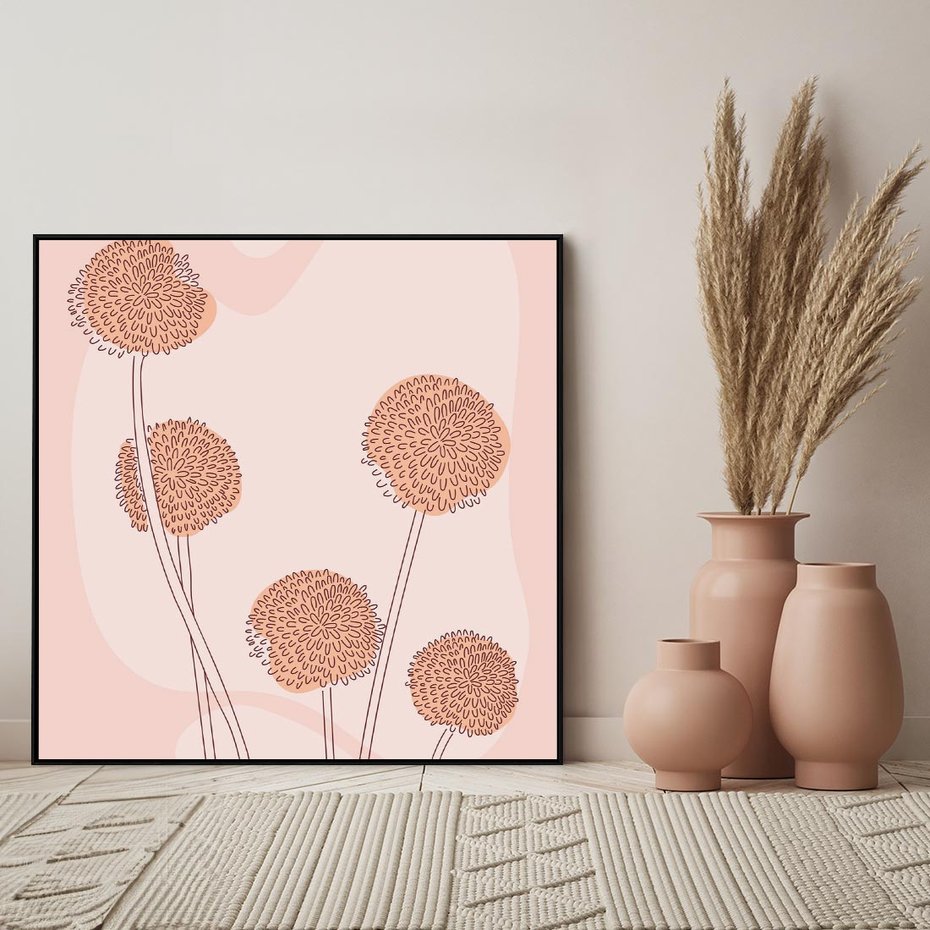 Obraz w ramie 50x50 - Rozkwitające Emocje - minimalistyczny plakat, pudrowe kwiaty - rama czarna