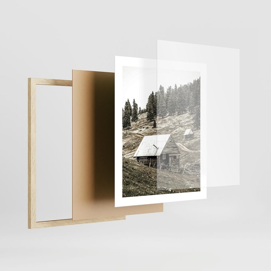 Plakat w ramie 40x50 - Ustronne Chatki w Górach - rustykalne domki w górach, sepia - rama drewno