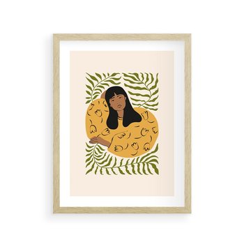 Plakat w ramie 50x70 - Malowane Odbicia Wyobraźni - nowoczesny plakat, kobieta otoczona liśćmi - rama drewno
