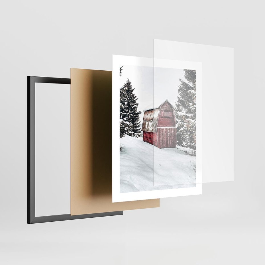 Plakat w ramie 40x50 - Domek w Śnieżnych Górach - domek, góry - rama czarna