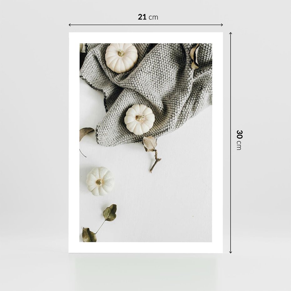Plakat bez ramy 21x30 - Białe Dynie i Przytulny Koc - kompozycja jesienna, białe dynie