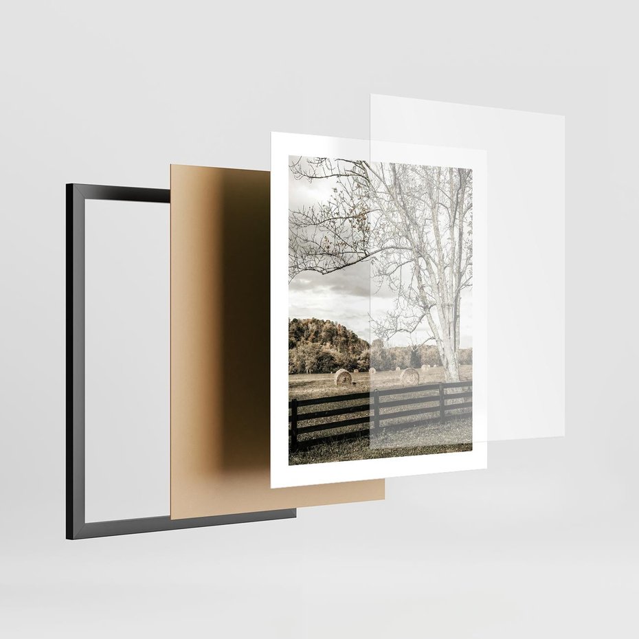 Plakat w ramie 40x50 - Drzewa i Snopki Siana - farma, drzewa - rama czarna