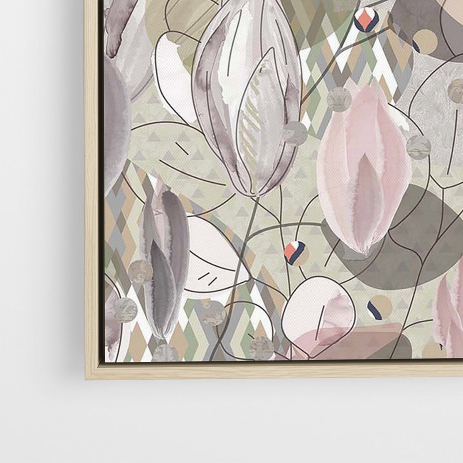 Obraz w ramie 50x70 - Pejzaże zatajonej duszy - połączenie tekstur, roślinne motywy - rama drewno