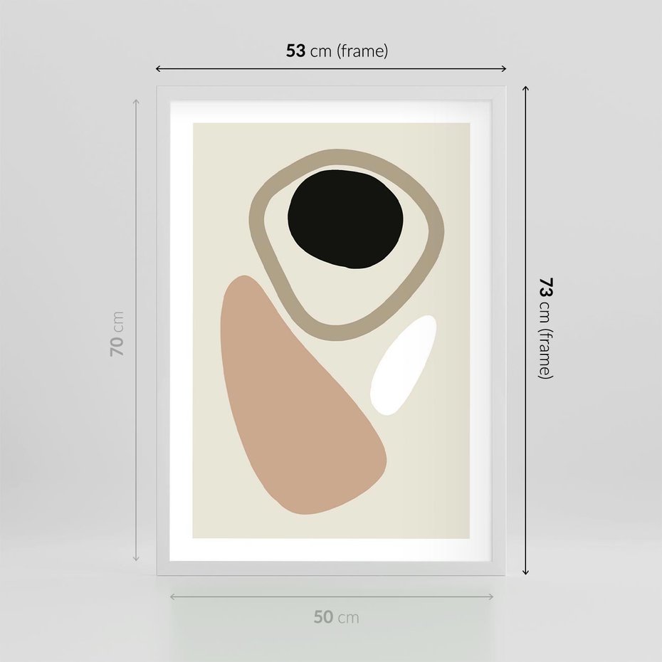Plakat w ramie 50x70 - Beżowa Synergia - beżowa abstrakcyjna kompozycja, czarny akcent - rama biała