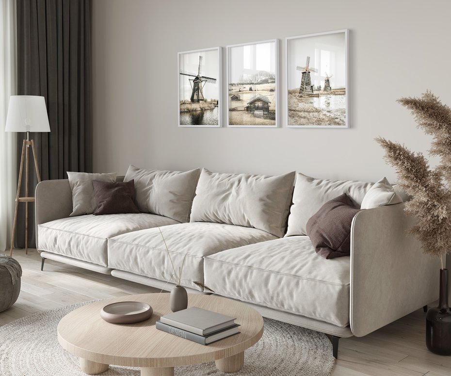 Zestaw obrazy w ramie 50x70 galeria - Wiatraki, domki, pola, łąki - rama biała