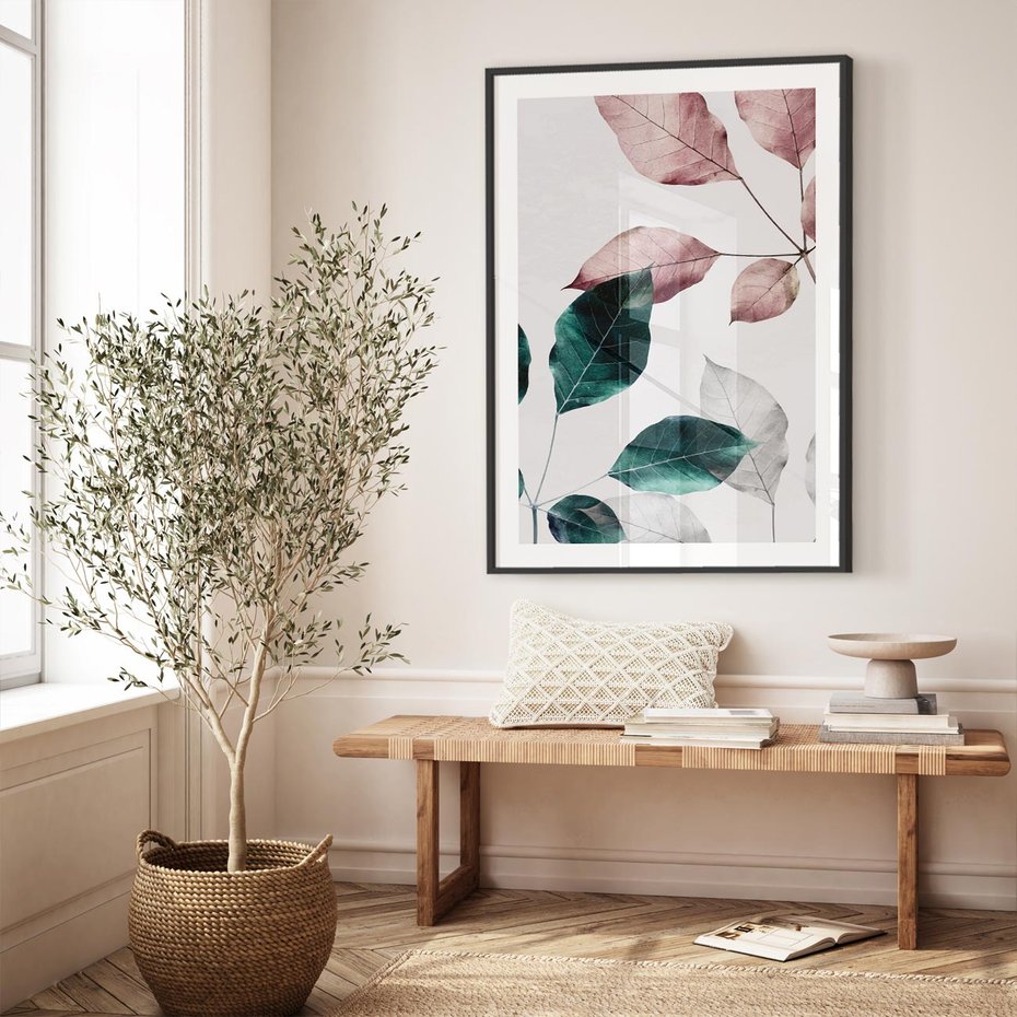 Plakat bez ramy 21x30 - Pastelowe Liście w Minimalizmie - pastelowe liście, minimalistyczny obraz