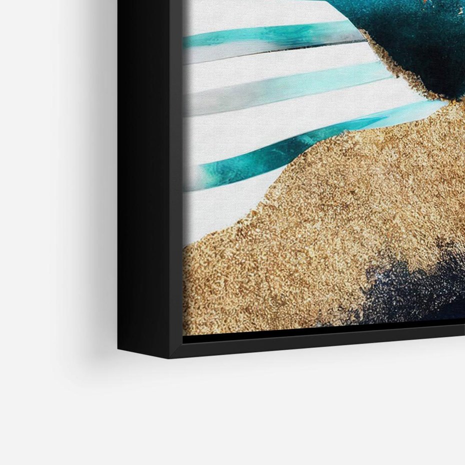 Obraz w ramie 70x50 - Rozlane Turkusy - Turkusowe plamy, złote elementy - rama czarna