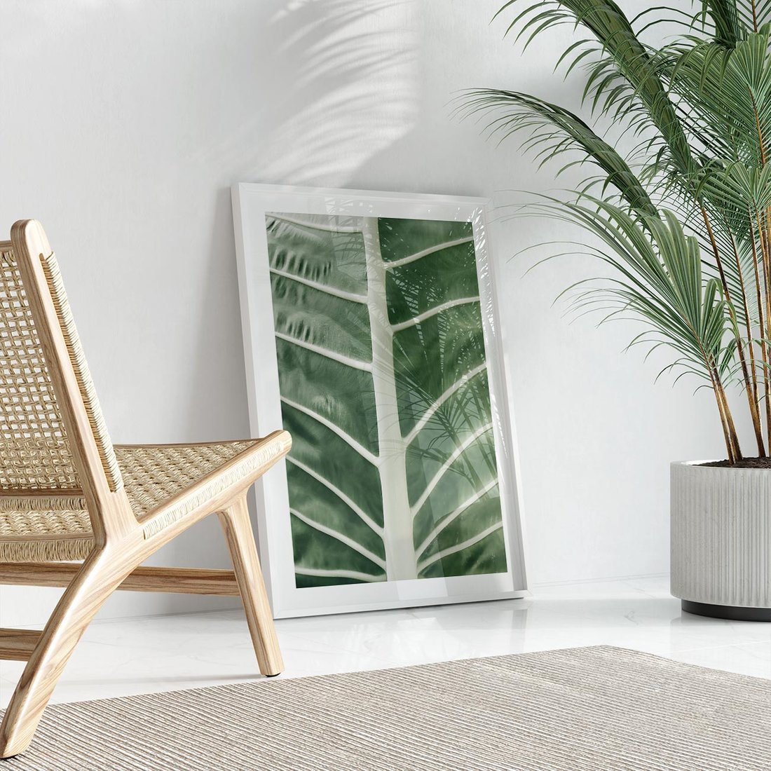 Plakat w ramie 40x50 - Zielone Wielkości: Zbliżenie Liścia - zbliżenie duz liść, jasna zieleń - rama biała