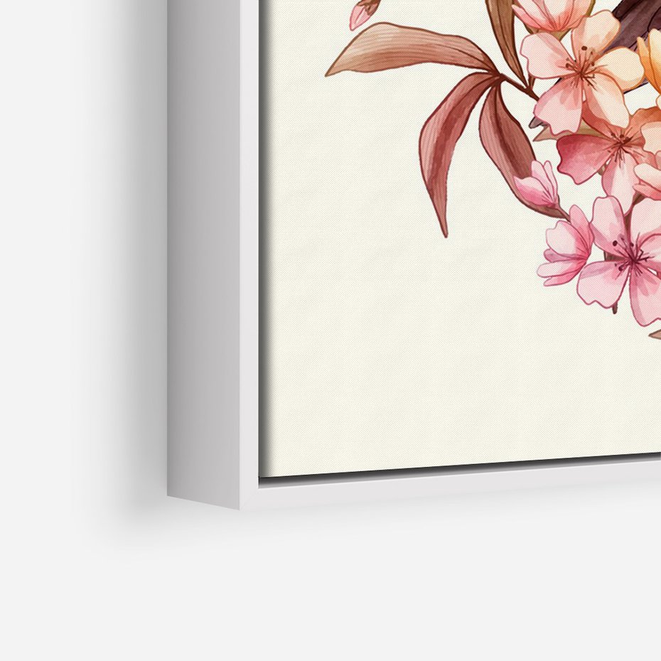 Obraz w ramie 50x70 - Kwiatowe Zanurzenie - japońska sztuka, ptak - rama biała