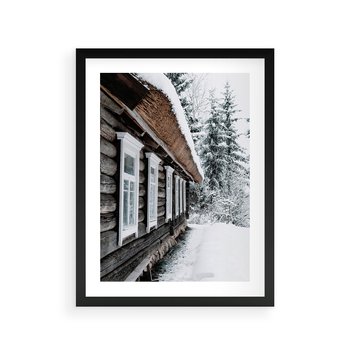 Plakat w ramie 50x70 - Cicha Zima - zima, domek w górach - rama czarna