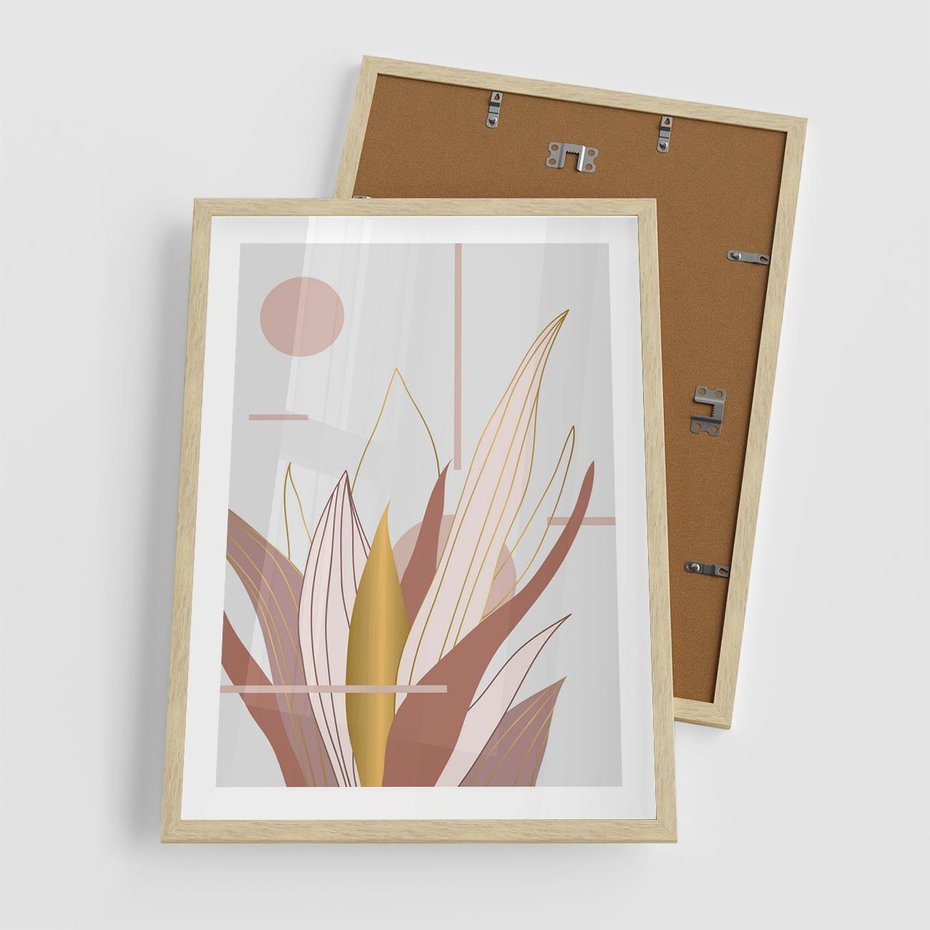 Plakat w ramie 50x70 - Złota Grafika Liści: Wyjątkowa Dekoracja - liście, złoto - rama drewno
