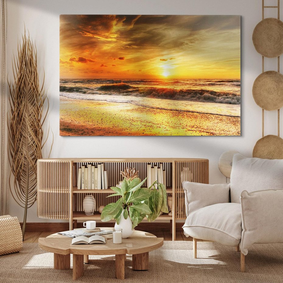 Obraz na płótnie 70x50 - Plaża Morza i Fale Zachodu Słońca - plaża, morze