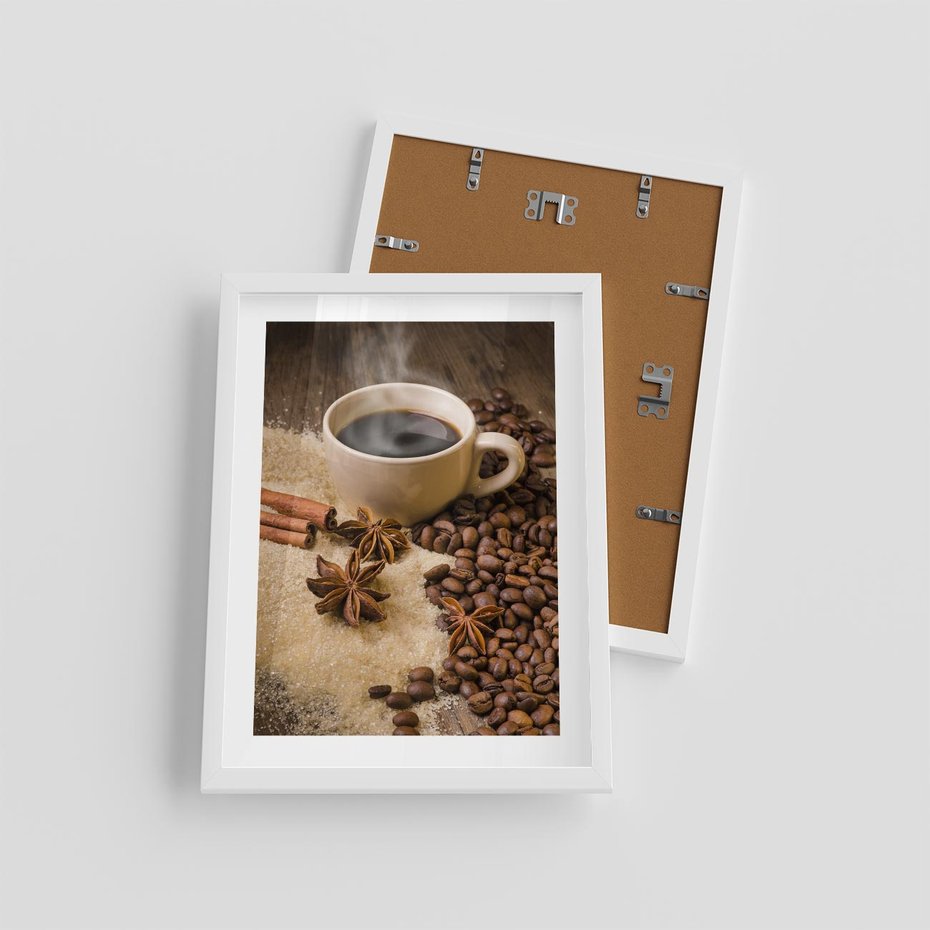 Plakat w ramie 30x40 - Kawowa filiżanka pełna aromatu - kawa, filiżanka - rama biała