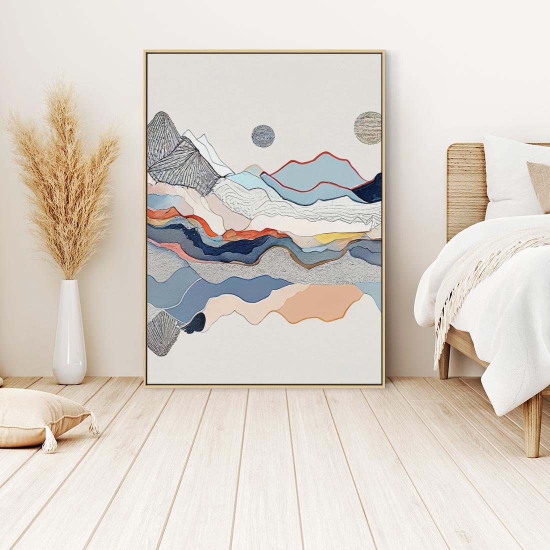 Obraz w ramie 50x70 - Dynamiczne Góry - akwarelowe graficzne góry, krajobraz - rama drewno