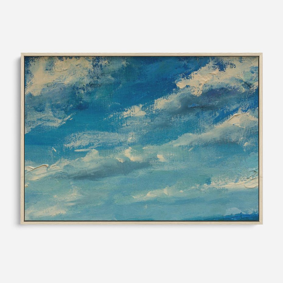 Obraz w ramie 70x50 - Oddechy niebiańskiej materii - olejny obraz, smugi farby przypominają obłoki na błękitnym niebie - rama drewno