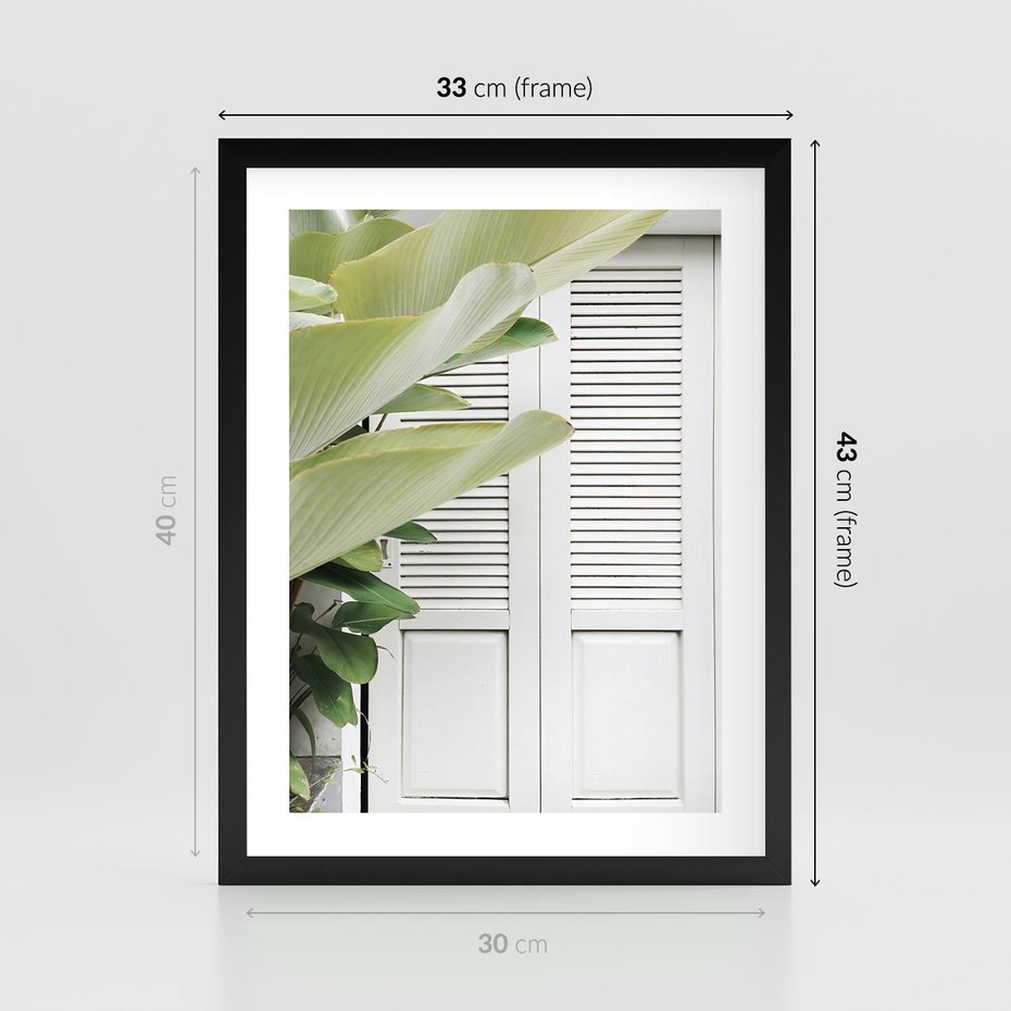 Plakat w ramie 30x40 - Tropikalne Okno - białe okiennice, zielona tropikalna roślina - rama czarna